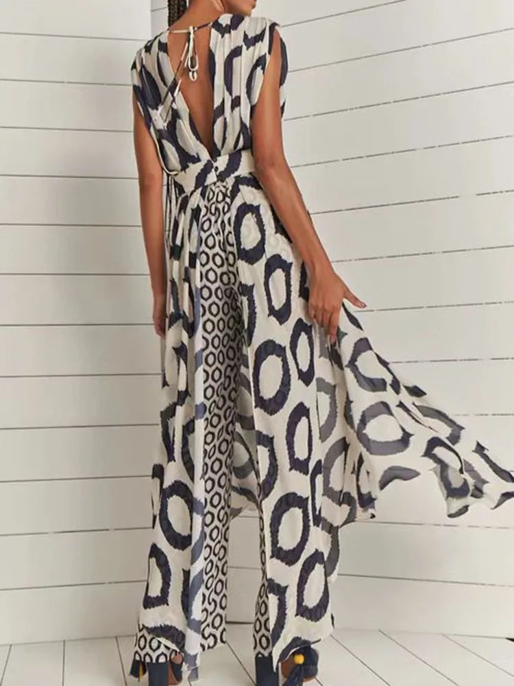 Boho Two-piece Women's Elegant Printed Sleeveless V-Neck Lace Loose Pants Suit