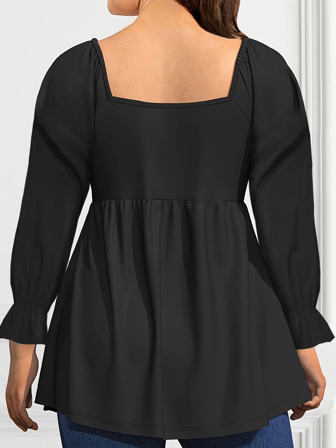 Women Square Collar Plus Size Top Long Sleeve Drawstring Bandage Pleated Medium Stretch Solid Casual Top