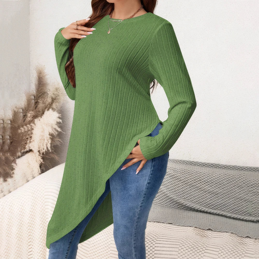 Women's Irregular Hem Ribbed Knit Top Blouses Plus Size Winter Long Sleeve Round Neck Long T-shirts Streetwear Pullovers Clothes