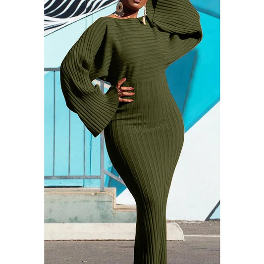 Women Fashion O Neck Long Sleeve Bodycon Midi Dress  Elegant Loose Fit.  M-3X