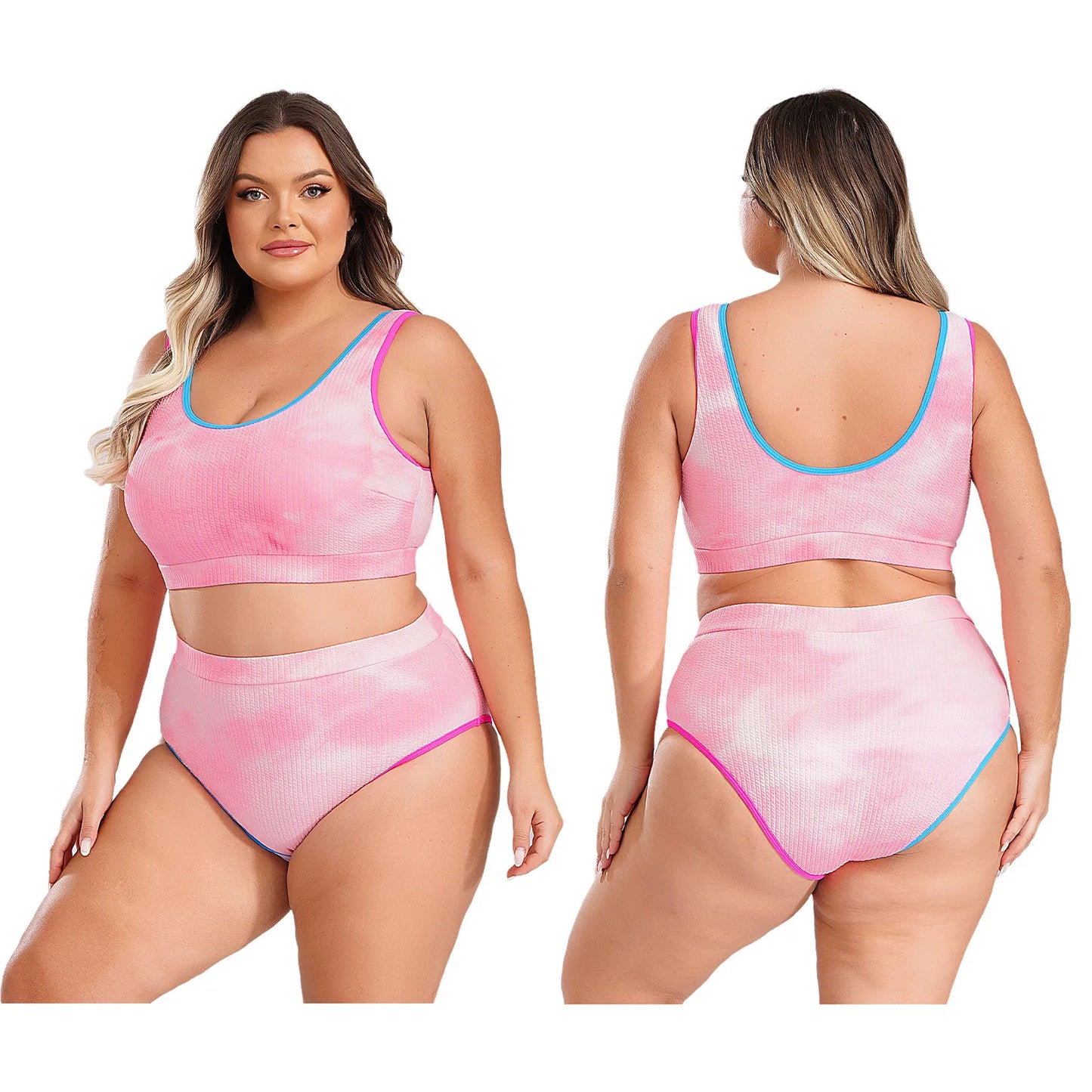 Womens Plus Size Sporty Swimsuit Two Pieces U Neck High Waisted Tankini Set Color Contrast Beach Swimming Bathing Suit Swimwear