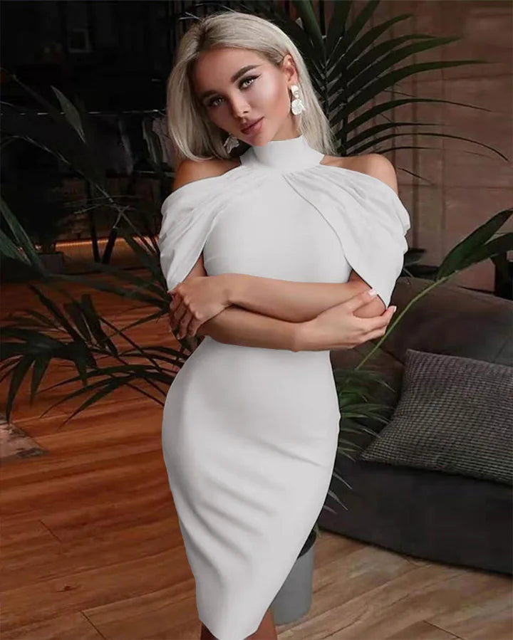 New Solid Colour Slim Midi Halter Neck Off Shoulder Elegant Party Dress.  S-3X