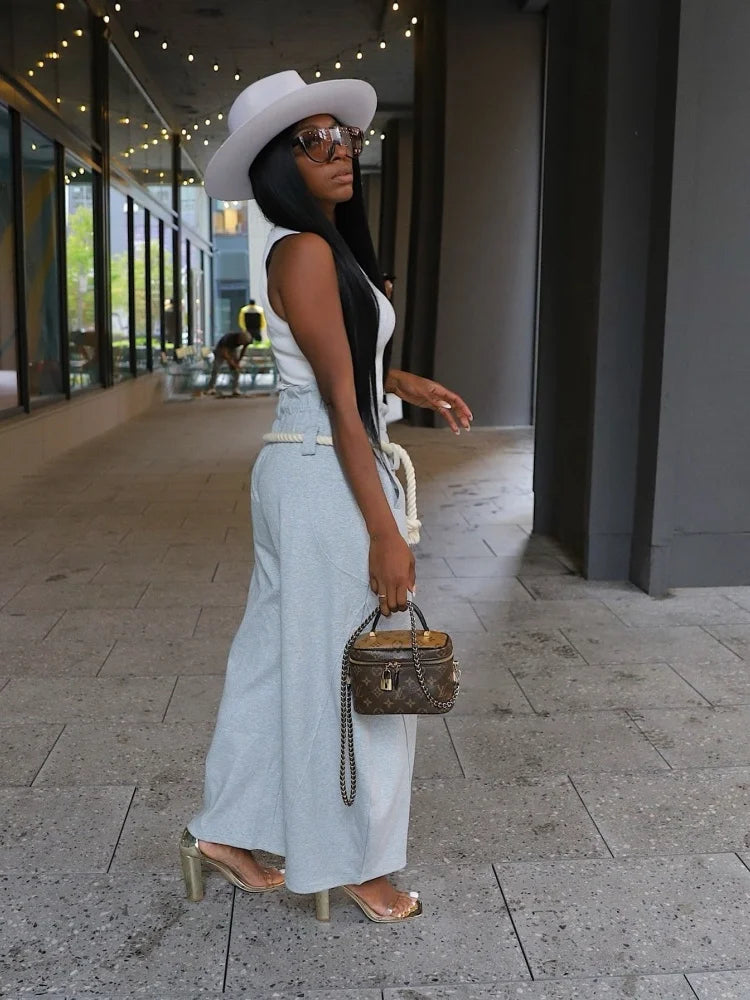 Women's Casual Sporty Pants - Solid Color High Waist with Hemp Rope Belt