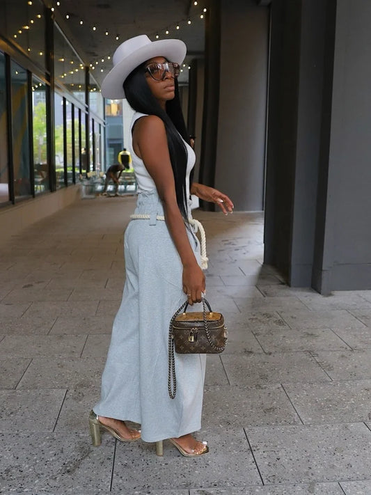 Women's Casual Sporty Pants - Solid Color High Waist with Hemp Rope Belt