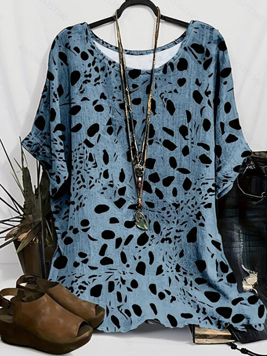 Plus Size 1XL-5XL Women Casual Loose Spot Print Blouse Fashion Vintage Round Neck.