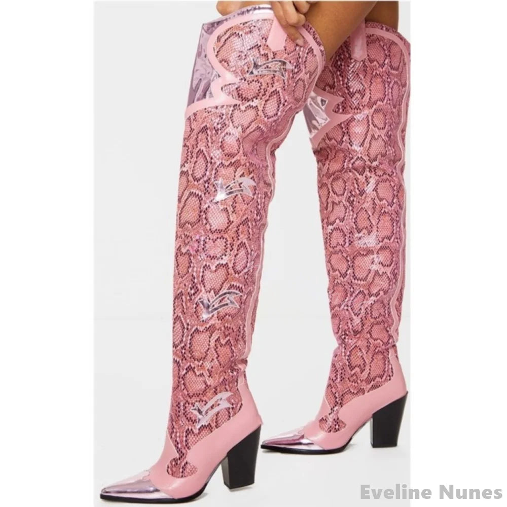 Sexy Pink Snake Print Over The Knee Boots Women Embroidered Pointed Toe Thick Heels Slip On Long Boots New Fashion Catwalk Boots