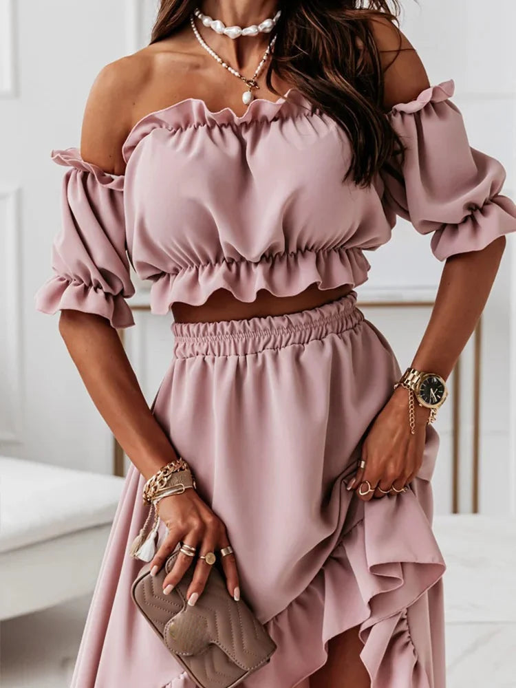 Off Shoulder Two Piece Set Women Summer Ruffle Outfit Puff Sleeve 2 Piece Set