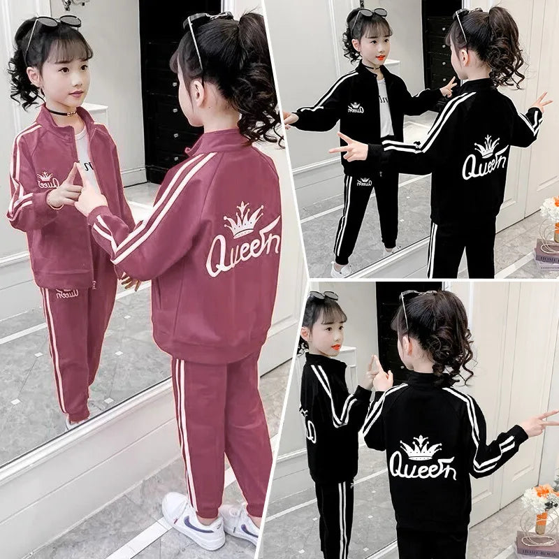 2025 teens autumn spring Girls Teenager tracksuit sport crown letter striped zipper Coat Jacket + skinny pant 5 6 7 8 9 10 year