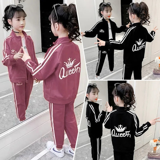 2025 teens autumn spring Girls Teenager tracksuit sport crown letter striped zipper Coat Jacket + skinny pant 5 6 7 8 9 10 year