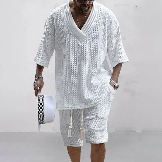 Mens High Quality Summer Casual Knitted Two Piece V-Neck Short Sleeve T-shirt and Shorts.  Sizes S-3XS