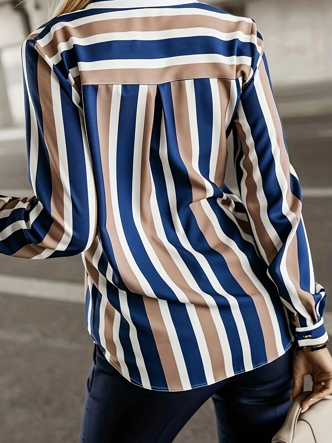 Plus Size Casual Blouse Plus Stripe Print Long Sleeve Button Up Lapel Collar Shirt