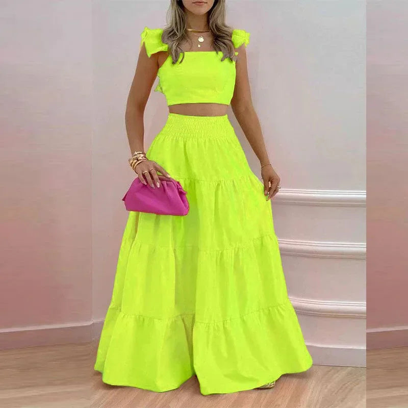 Ladies Two Piece Set Solid Bohemian Long Skirt Strapless Crop Top Cascading Ruffles Long Skirt Suit