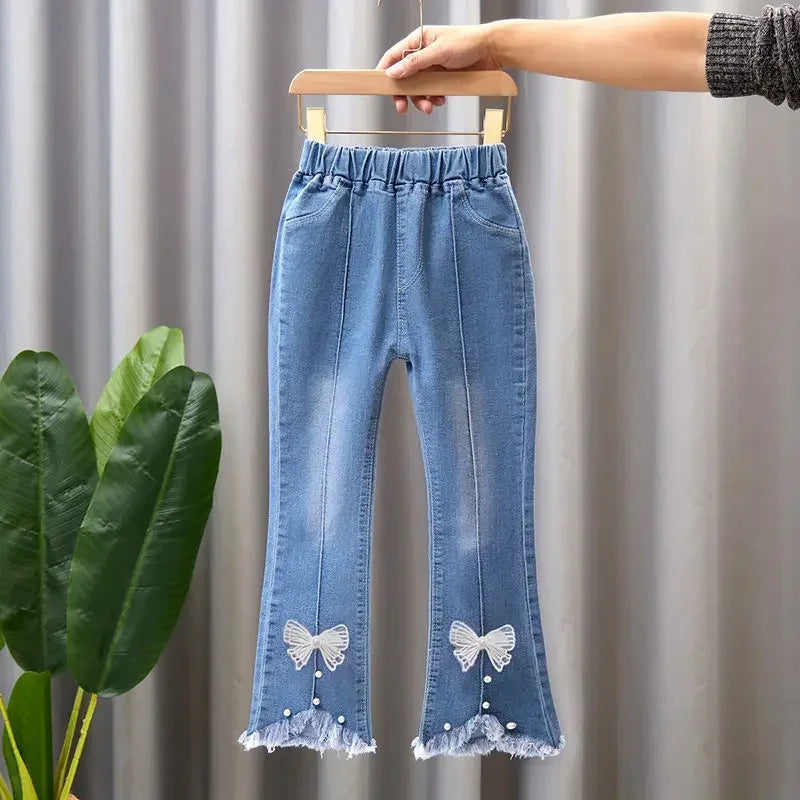 2024 Baby Girls Cowboy Pants Spring Autumn Girl Casual Denim Trousers Children Clothing Kids Stretch Flared Pants for 4-10 Years
