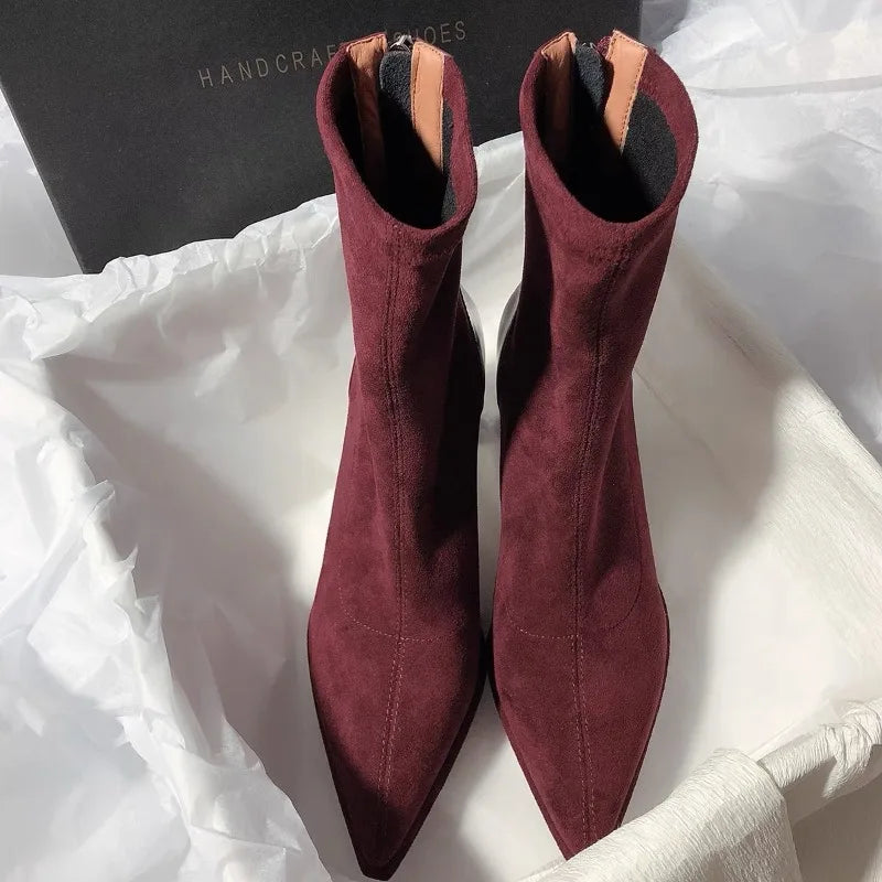 New Women High Heels Pointed Toe Ankle Luxury Boots Suede Chunky Fashion Boot.  Zapatos Mujer