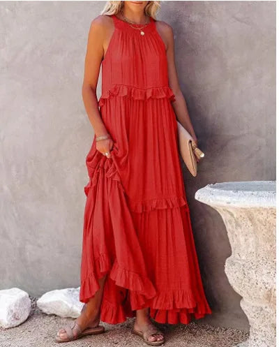 Women's Spring Summer New Collection Solid Colour Fashionable Ruffle Edge Long Dress.  S-xxL