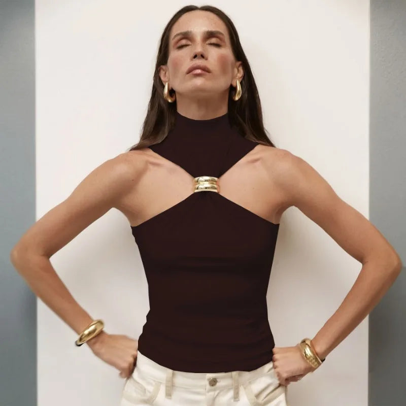 Fashion Metal Ring Tank Top Women 2025 Summer Y2k Solid Sleeveless Slim Party Elegant Top.  S-XL