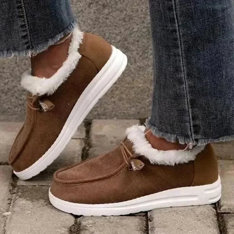 Women Warm Loafers Plush Flats Casual Cotton Shoes Solid Round Toe Sports Shoes