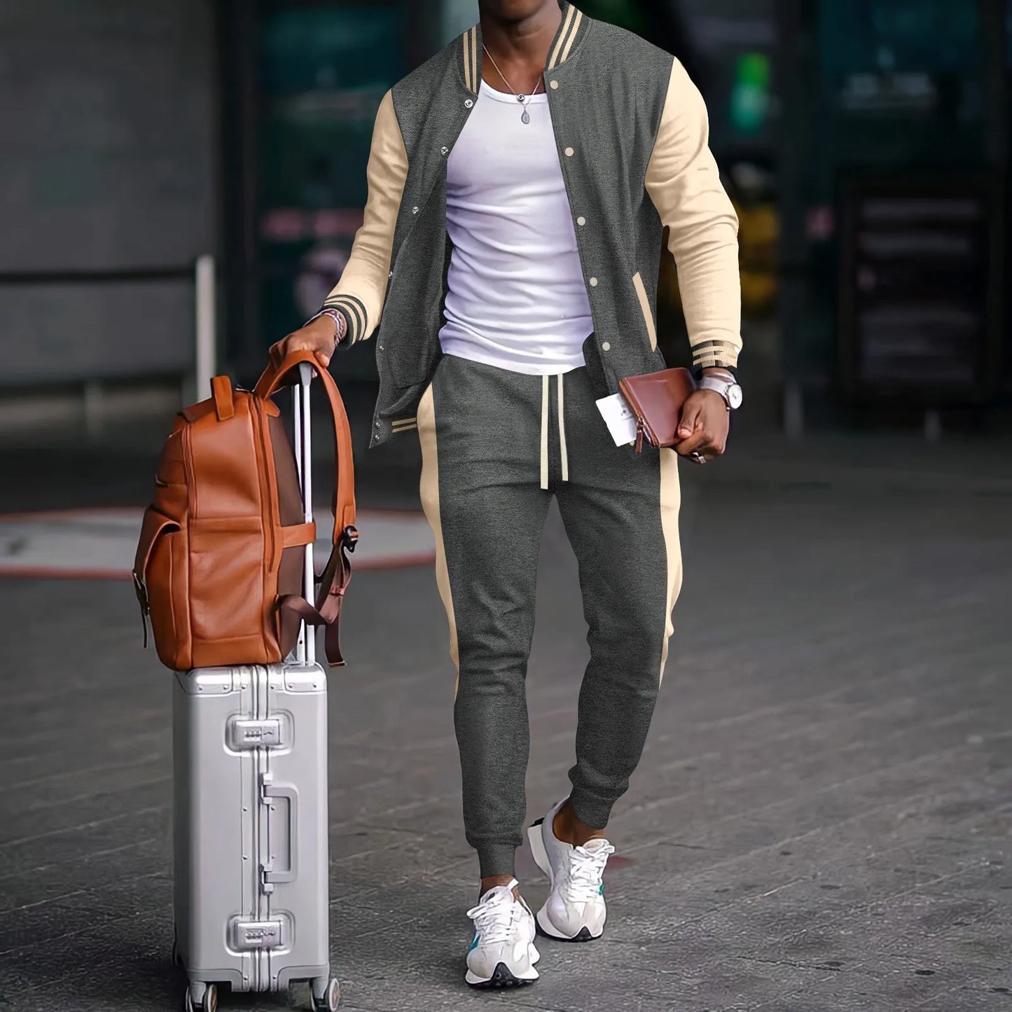 2025 new men's spring and fall baseball  Style two-piece cardigan jacket trouser suit.  Sz: S-3X