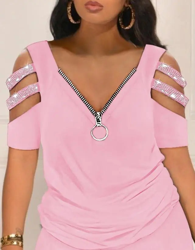 Casual Two Piece Set Short Sleeve Rhinestone Cold Shoulder Top & High Waist Shorts Set.