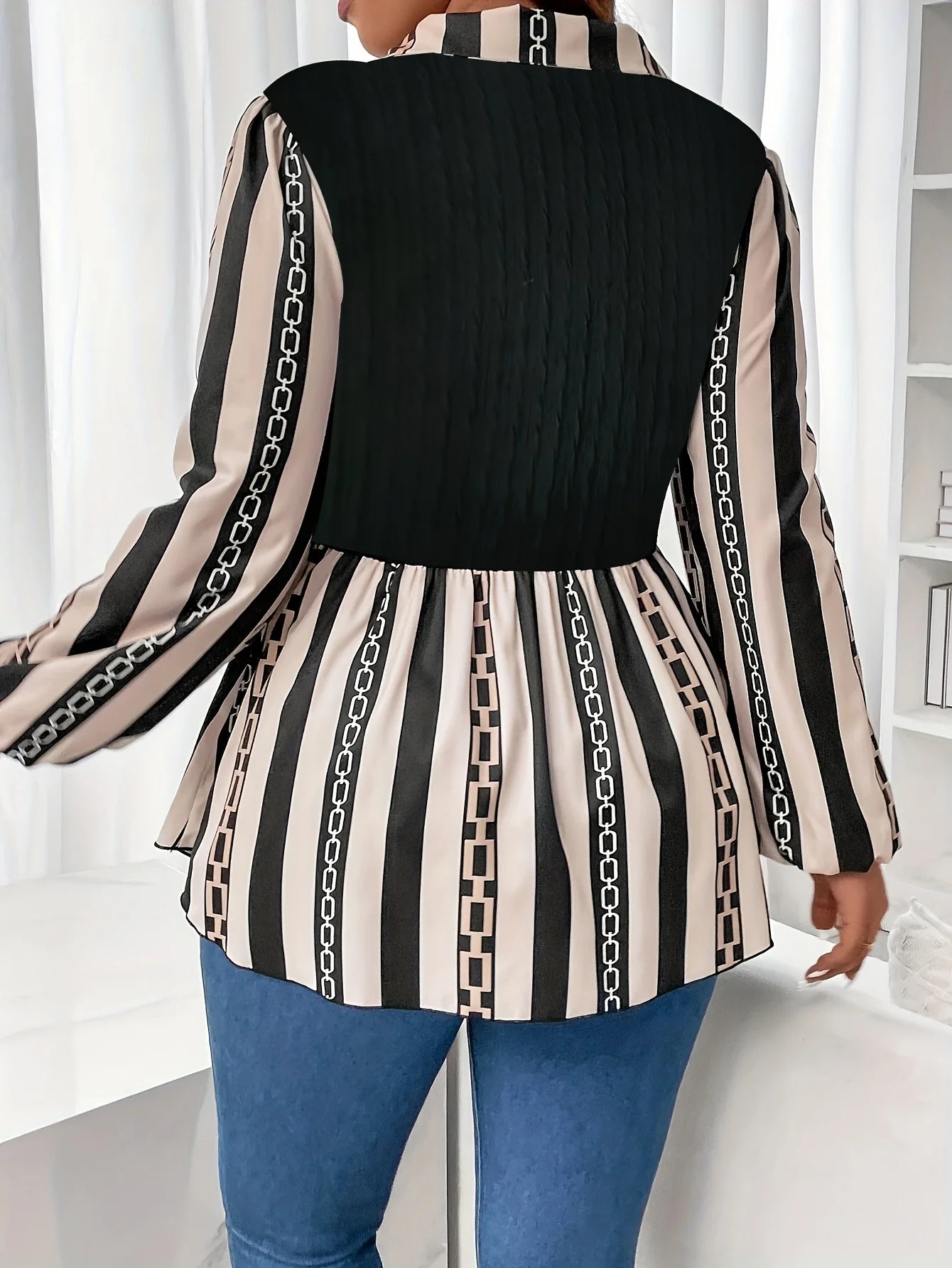 plus size Women's 2-in-1 Striped Polo Top! Colour-blocked Long Sleeve Shirt,