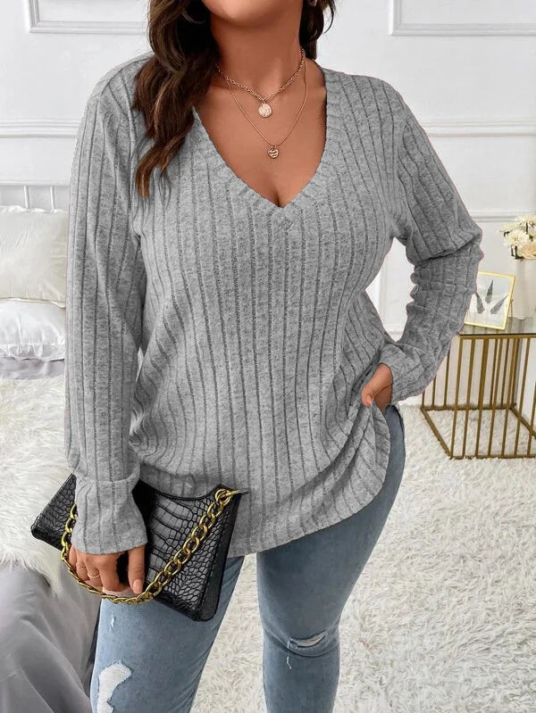 Plus Size Long Sleeve Casual Fashion V Neck Solid Colour Tops