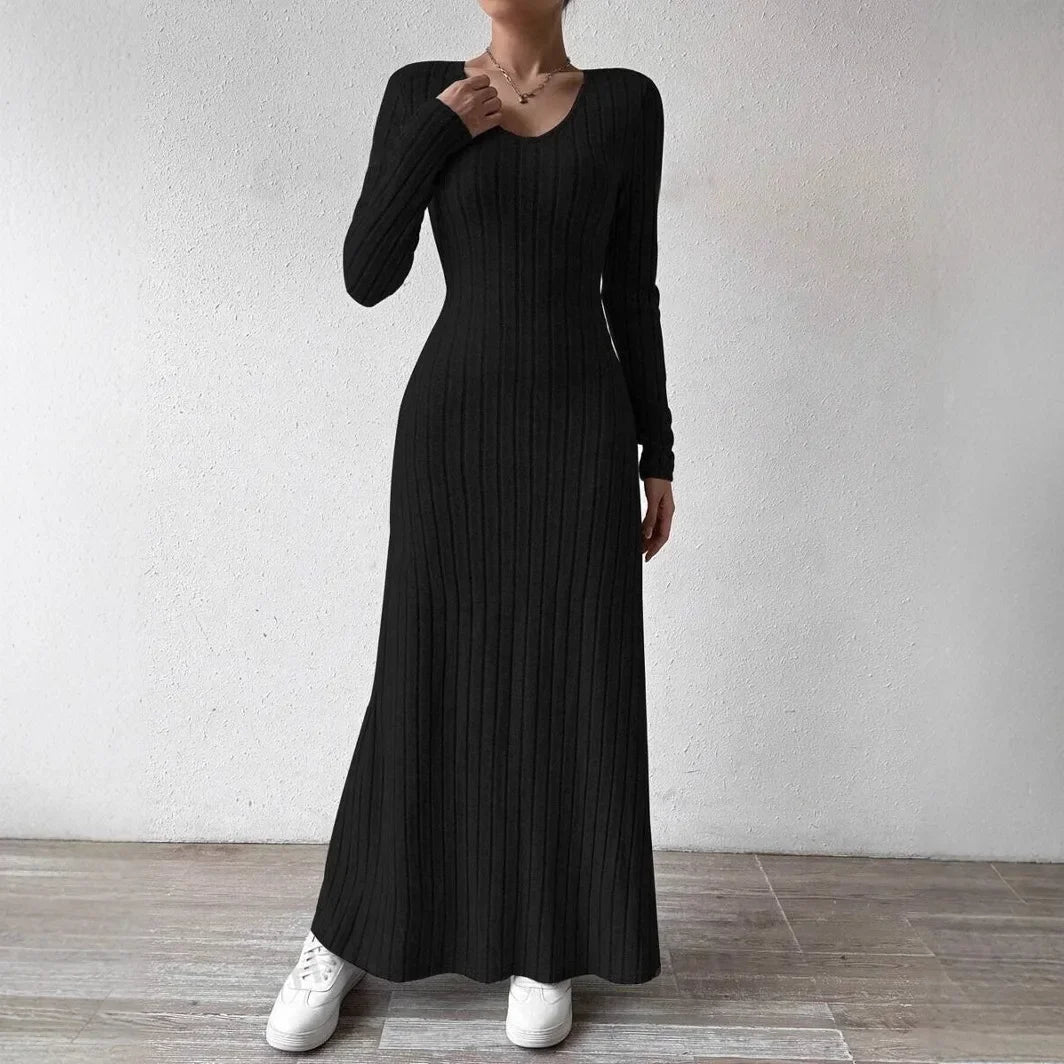 Fashionable Knitted Long Sleeve A- Line Streetwear Dress For Women Smooths And Slims Your Silhouette Solid Color Long Dress.  S-XL