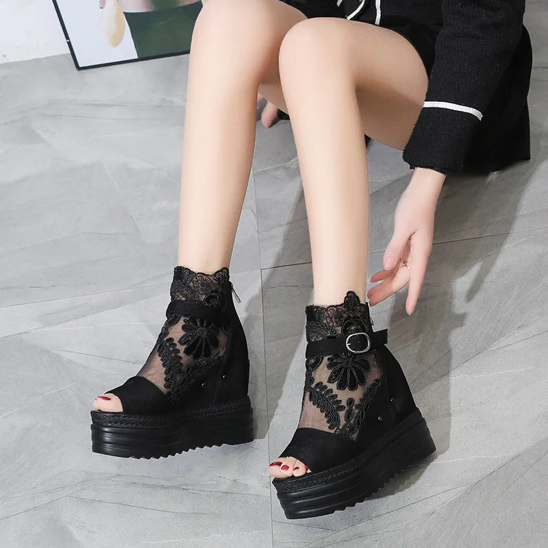 Summer Buckle Platform Sandals 10CM Wedge Heel Peep Toe Lace Breathable Shoes