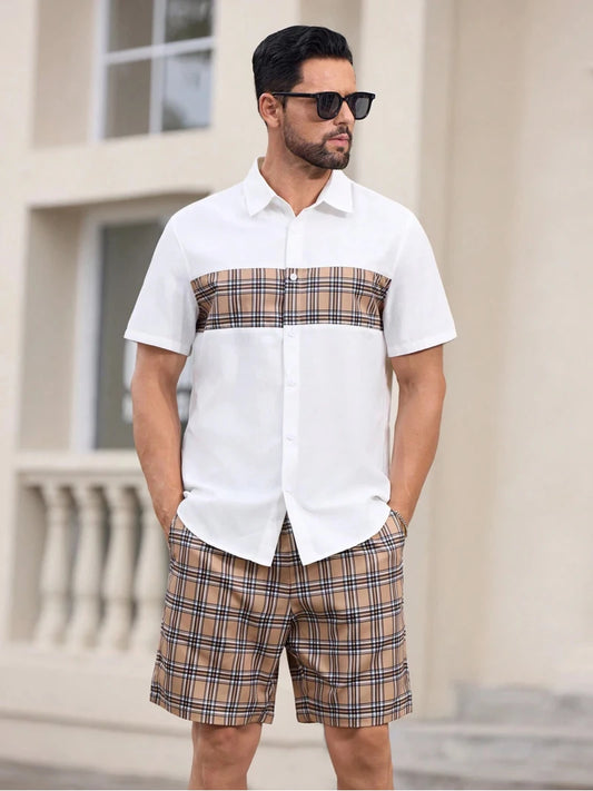Men's Trendy Short Sleeve Shorts Set Printed Pattern Short Sleeve Lapel Shirt and Shorts Men's Two Piece .  S-5X