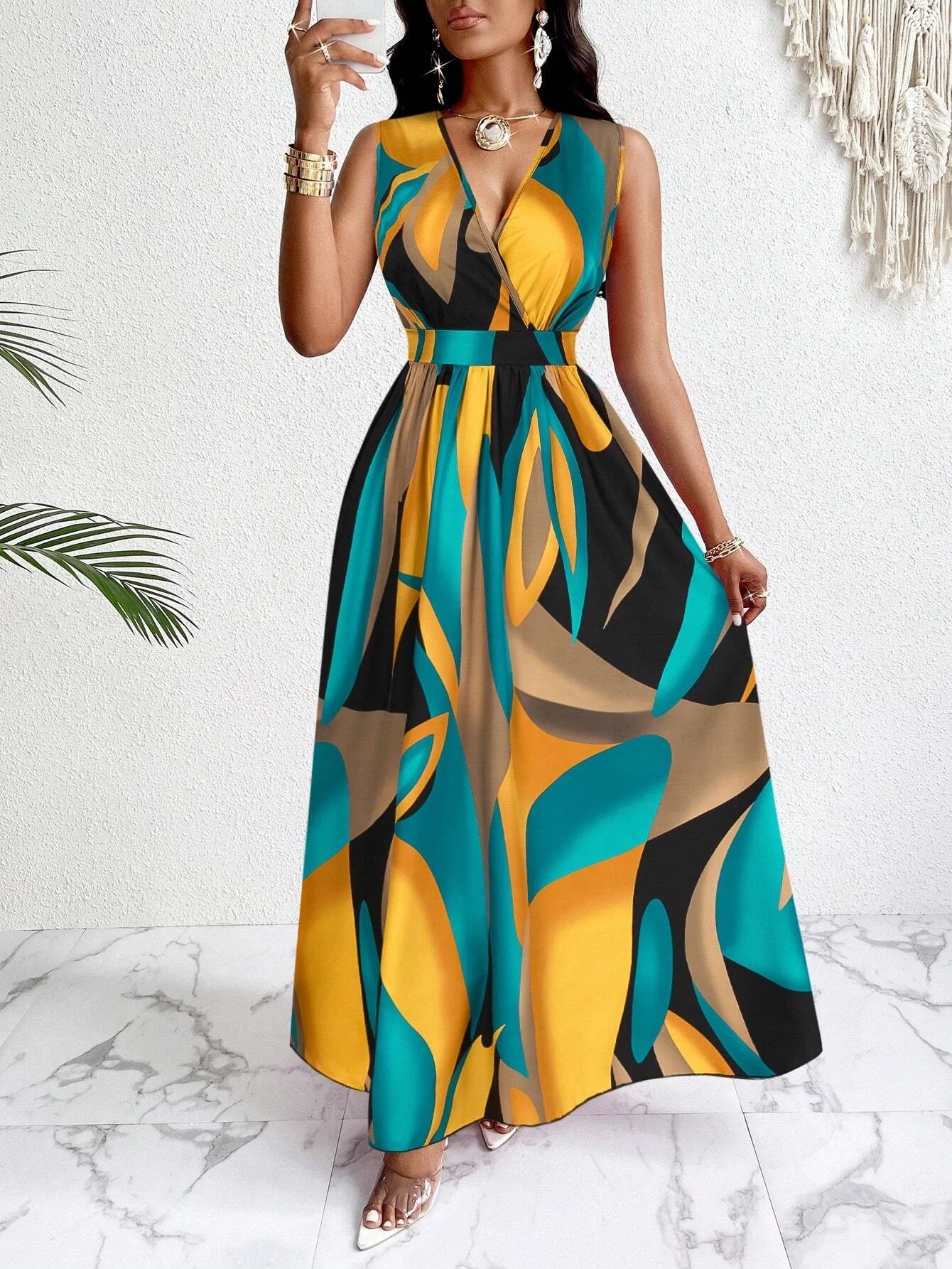 Tropical Print V-Neck, Waist Section Cable Knit Fit And Flare Maxi Dress.  S-2X