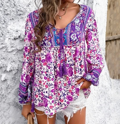 Summer Women's Blouse Casual Bohemian Printed Long Sleeve Loose Fit Shirt