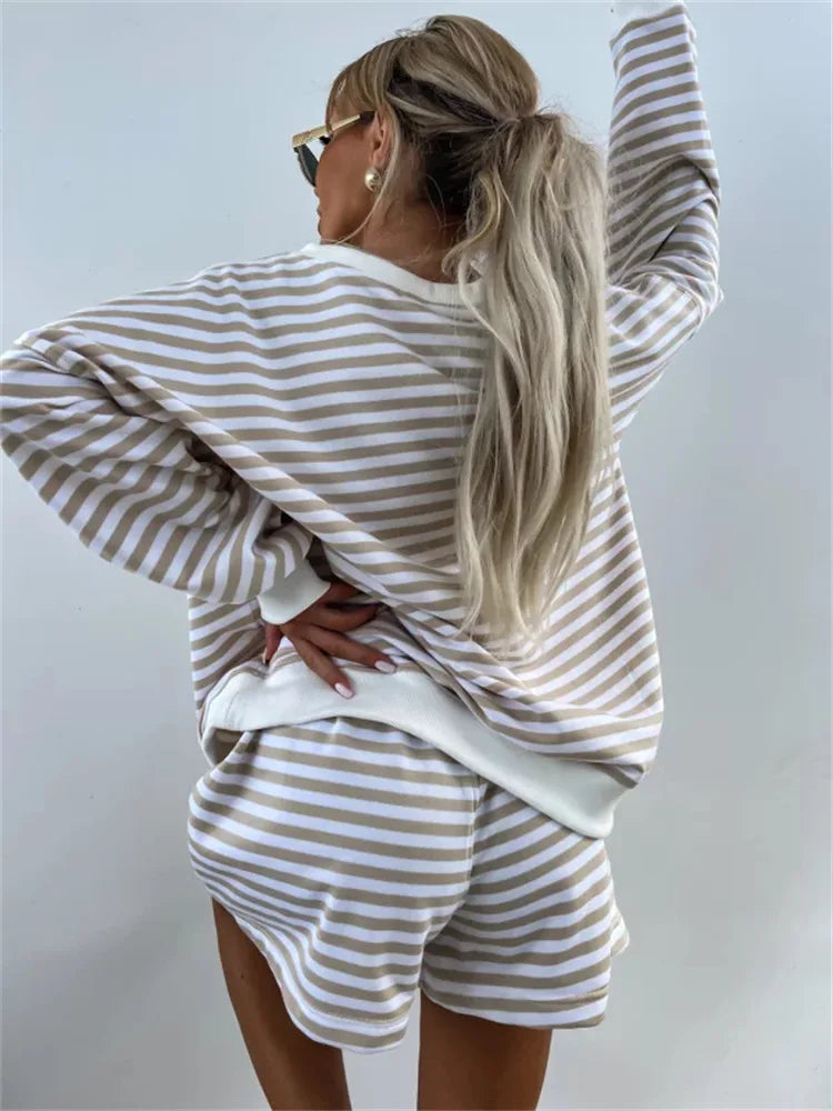 Ladies Striped Sport Two-piece Set Casual Long Sleeved V-neck Sweatshirt And Shorts Oversized And Very Comfortable