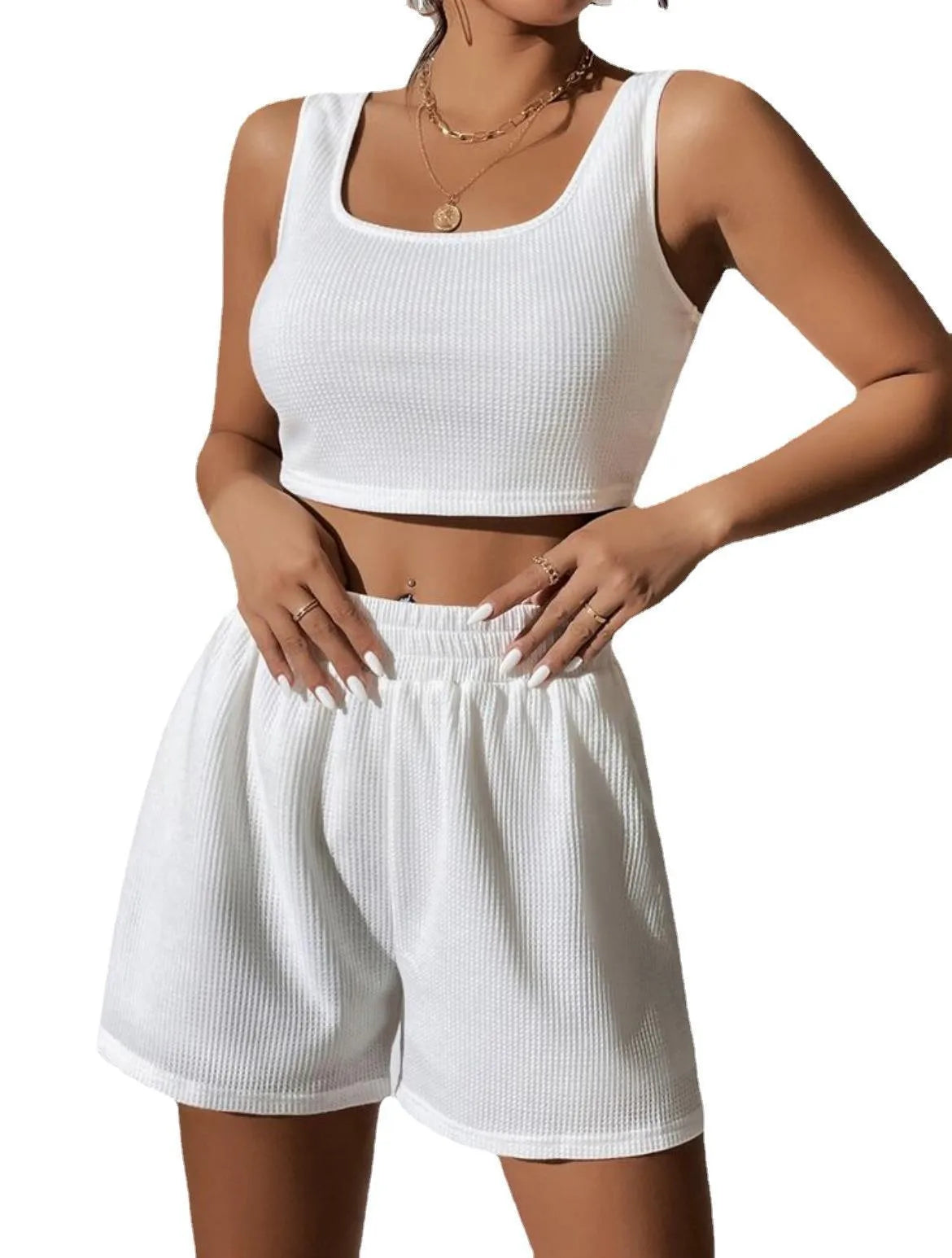 Women's 2 Piece Casual Ribbed Yoga Tank Top High Waist Short Set.  Sz: S-3X