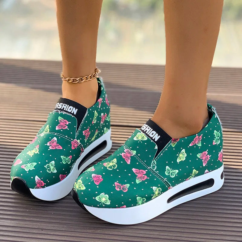 Great For Walking Butterfly Print Platform Sneakers Lightweight Slip On Great For Walking Thick Sole Non Slip Casual Shoe