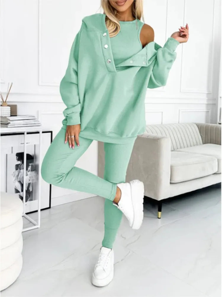 Women Hooded Long-sleeve Pocket Pullover 3-piece Hoodie Vest Pants Set Soft Thick Warm Sweatsuit .  Sz: S-3X