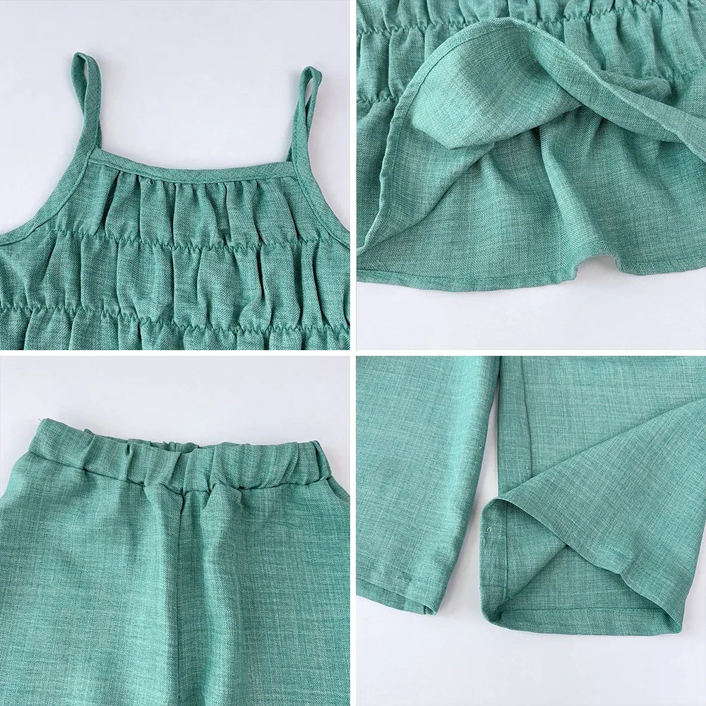 Kids Clothes Girls Solid Color Pleated Camisole Top+straight Leg Wide Leg Pants Casual Sets Summer Fashion Children's Clothing