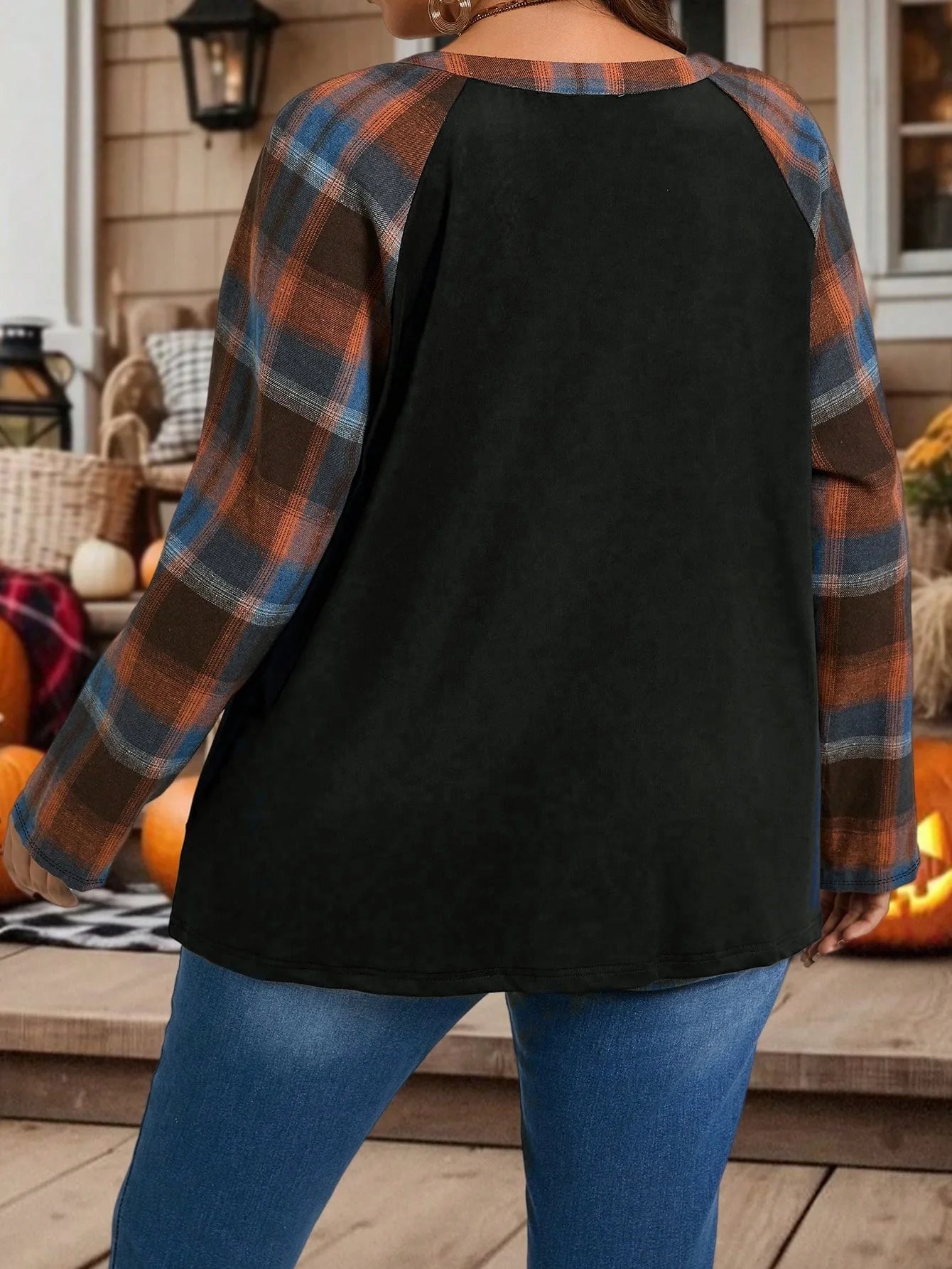 Plus Size Women's Plaid Splicing Long Sleeve Fashion Casual Top