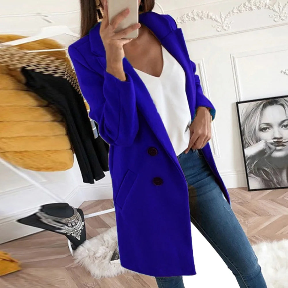 Thermal Solid Woolen Coat Women Turn-down Collar Mid-Length Plus Size Double-breasted Thick Coat