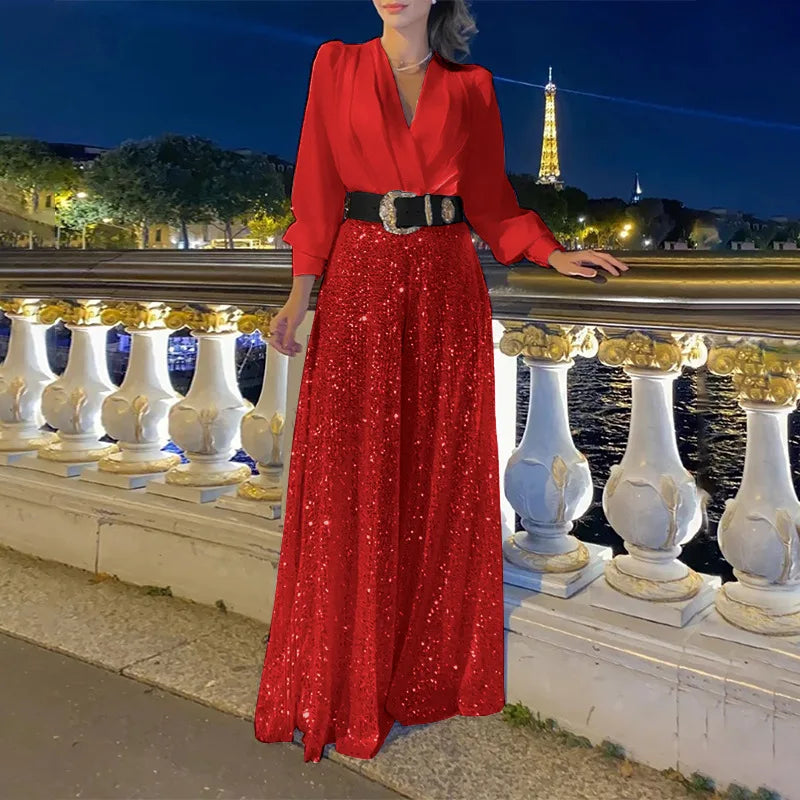 Women's Jumpsuit Fashion V-Neck Long Sleeved Shirt with Elegant Temperament and Sequin Wide Leg Pants for Spring/summer 2025.  S-3X