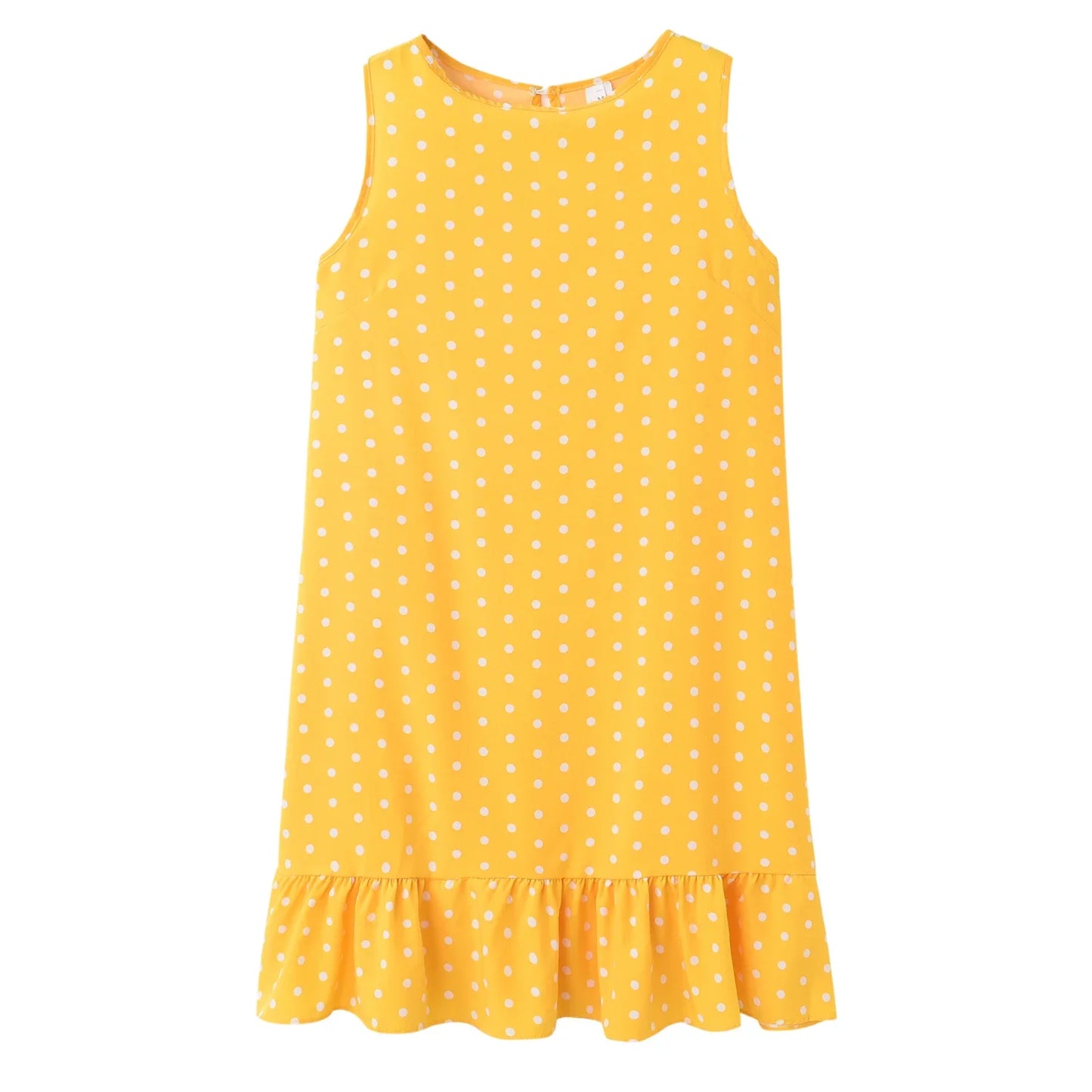 Ruffled Polka Dot Dress Sleeveless, Round Neck, Loose Hem,   S-2X