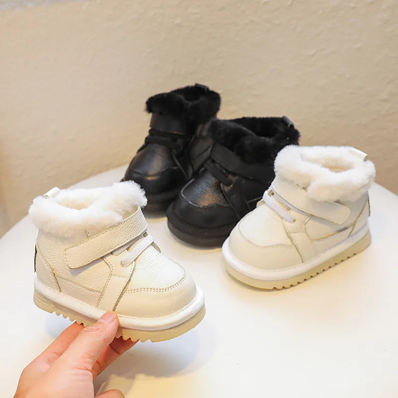 High Quality Leather Winter Toddler Unisex  First Step Boots Plush Warm First Walkers Infant Kids Soft Bottom Girls And Boys Shoes Non-slip.