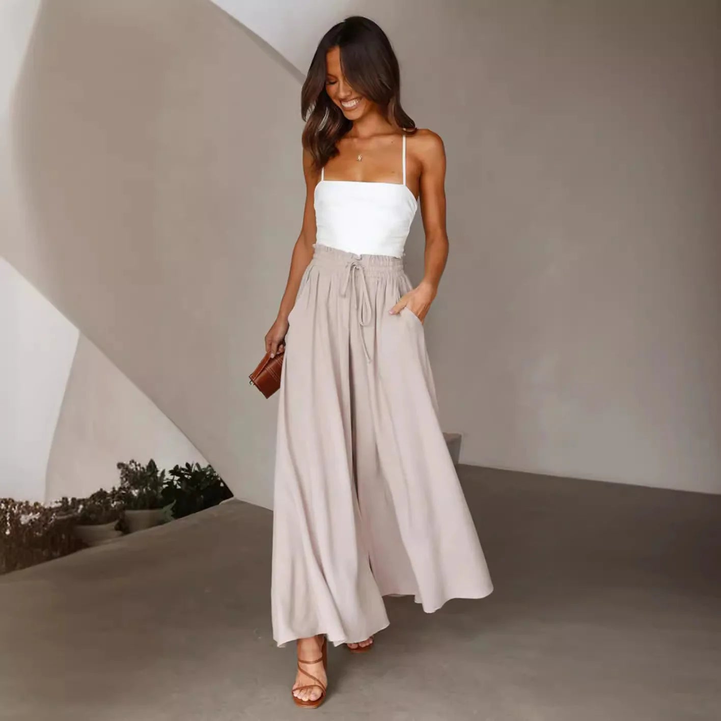 Spring and Summer New Women's Wide-leg Trousers Elastic Belt Wide-leg High-waist .  S-2X