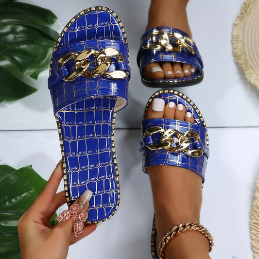 Women Fashion Sexy Chain Solid Colour Sandals New Roman Style Flats .