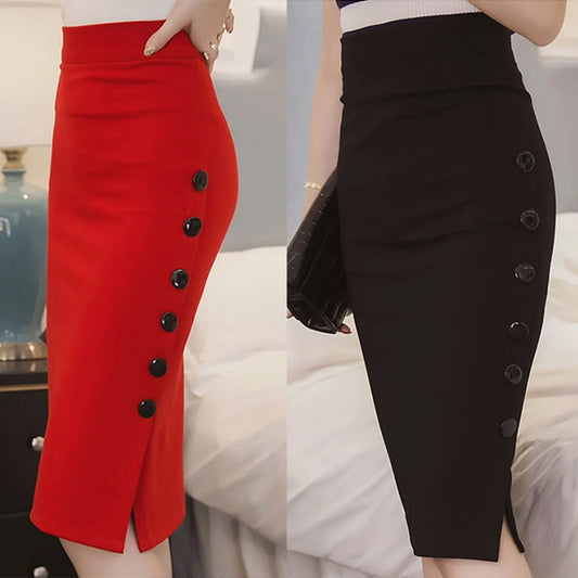 Elegant Women Vintage Slim High Waist Buttons Slit Pencil Skirt  S-3X