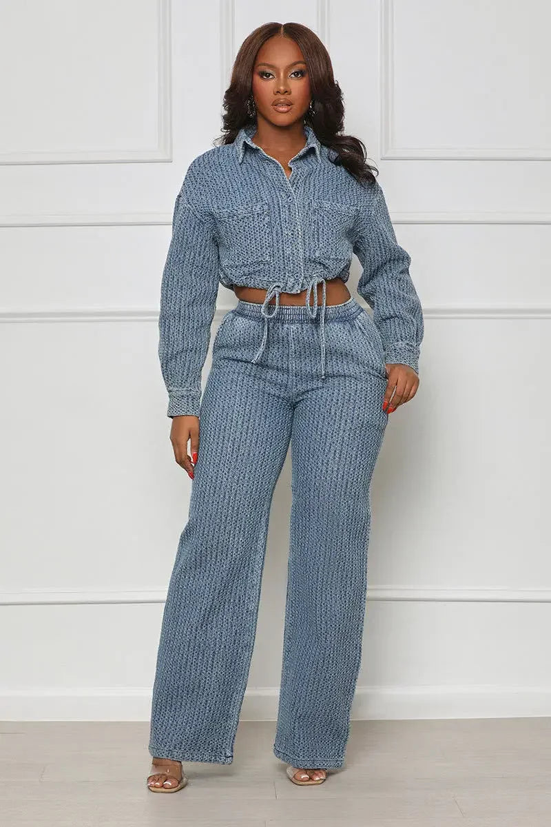Women Denim Two Piece Set Slim Fit Sexy Turn Down Collar Full Sleeve Top, Long Pants High Elastic Waist.  S-2X