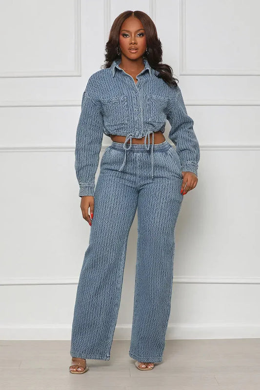 Women Denim Two Piece Set Slim Fit Sexy Turn Down Collar Full Sleeve Top, Long Pants High Elastic Waist.  S-2X