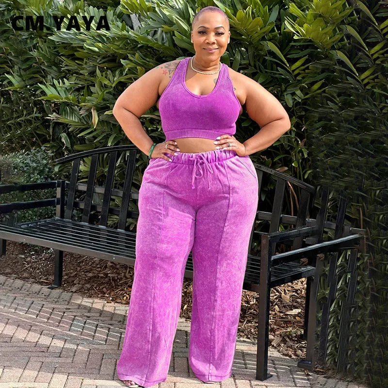Plus Size Women's Sleeveless Top +Wide Leg Straight Pants Washed Two 2 Piece Set Outfit .