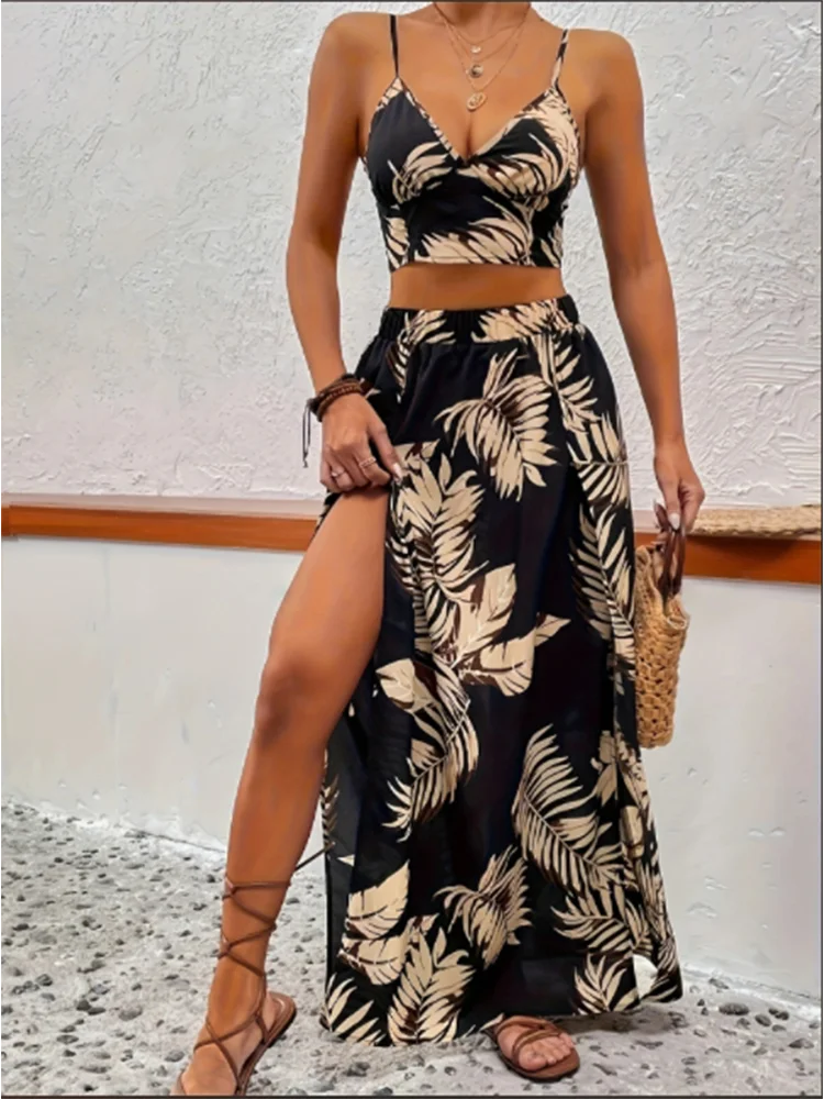 Women Sleeveless Low Cut V-Neck Printed Dress High Slit Sexy Trendy Skirt And Top Set Light Elegant Summer Set. S-2X