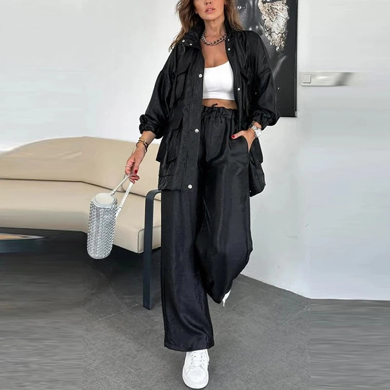 Women Casual Pocket Loose Sport Outfit Fashion Stand Collar & Long Pants Suit Elegant Long Sleeve Solid Colour 2Pc .