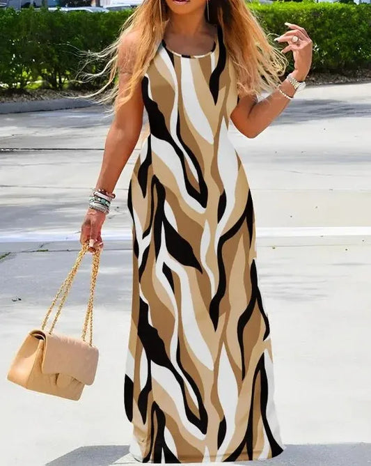 European Style Plus Size Women's Summer Printed Round Neck Dress