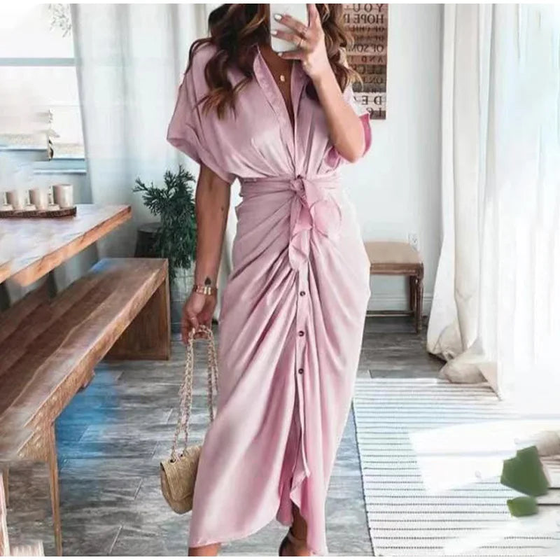 Summer Fashion Printed Short Sleeve Dress Vintage Waist Tie-up Button Bandage Long Dress.  S-3x